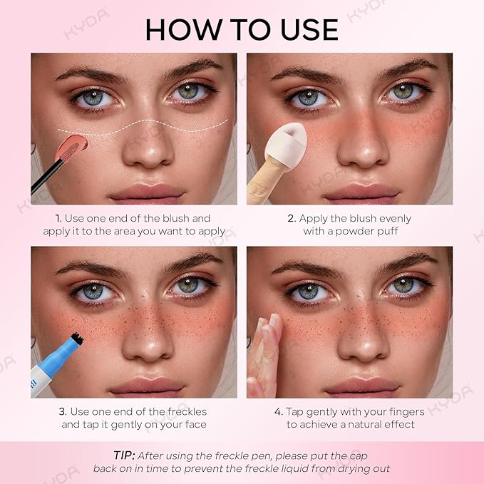 KYDA Freckle Blush Pen, Dark Brown Liquid Freckle + Coral Orange Blush Duo, Lasting Freckles Colors for Summer Sunkissed-look, Natural Lifelike Freckles Pen