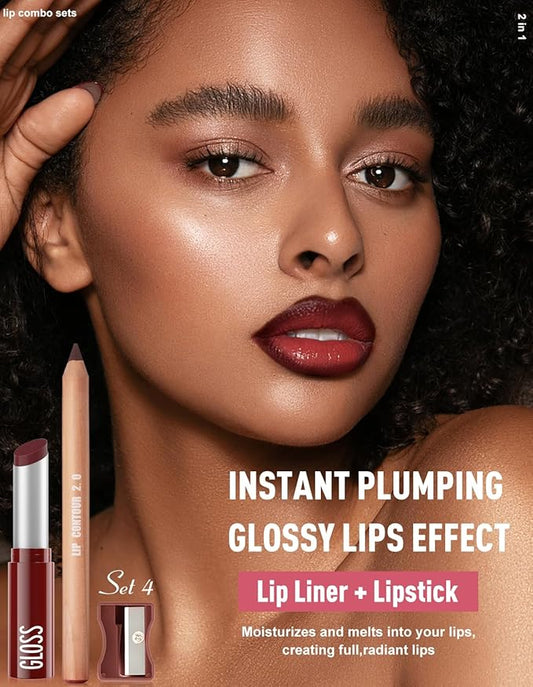 2 Pcs Lipstick and Lip Liner Set Hydrating Lip Tint Non-Sticky Lightweight Lip Balm Plumping Lip Kit for Women Matte Lip Pencil Long Lasting Gradient Glossy Lip Combo with Sharpener, 04