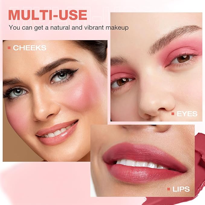 Boobeen Cream Blush for Cheeks, Multi-Use Makeup Blush Stick Waterproof Long Lasting Rouge Stick for Eyes Lips and Cheek, Soft Thin Blush Stick for Flushed and Dewy Look