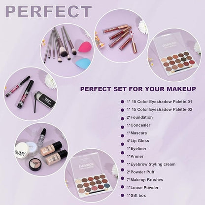 Women Full Kit Make up Kit Makeup Sets Women Includes Eyeshadow Palette Lip Gloss Liquid Lipstick Make up Sponge Brushes Eyebrow Concealer With Makeup Bag