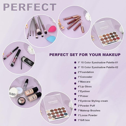 Women Full Kit Make up Kit Makeup Sets Women Includes Eyeshadow Palette Lip Gloss Liquid Lipstick Make up Sponge Brushes Eyebrow Concealer With Makeup Bag