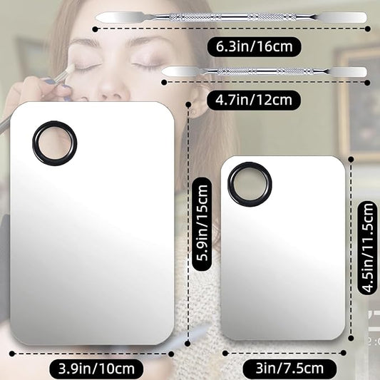2 Set Makeup Mixing Palette,Stainless Steel Makeup Palette with Spatula Professional Make up Artist Must haves Make up Palette,Suitable for Mixing Foundation Make up Eye Shadow and Nail(Silvery）