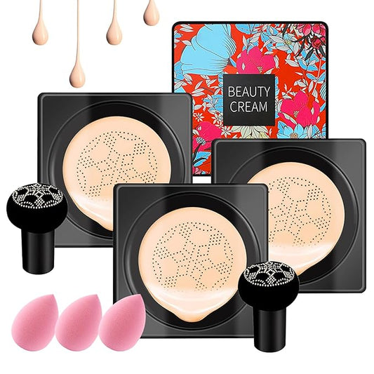 Mushroom Head Air Cushion CC Cream Set,3PCS BB Cream Full Coverage Foundation,Moisturizing Oil Control CC Cream Cushion Foundation,Matte Nude Makeup Foundation & Makeup Sponge (Natural)