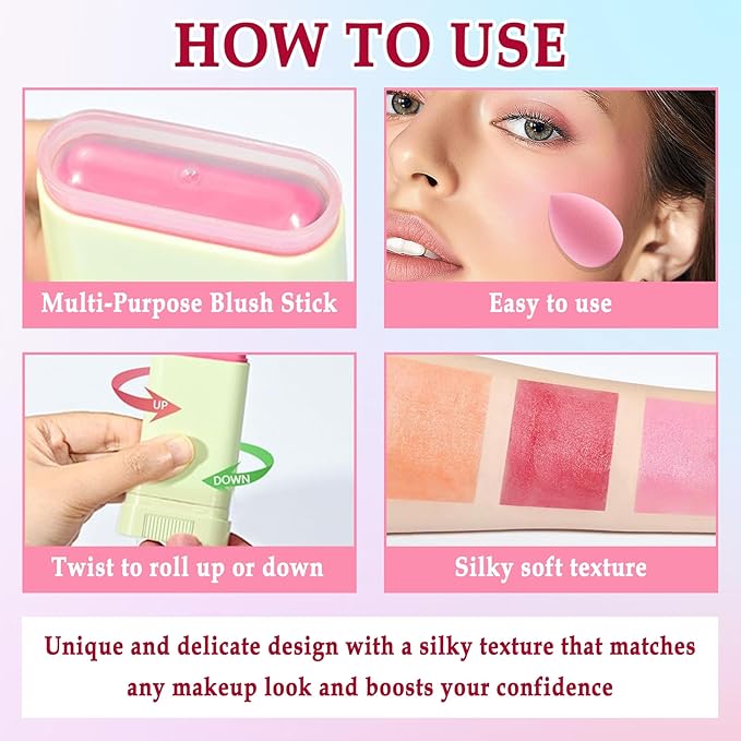 3 Colors Blush Stick with Makeup Sponges,Matte Solid Cream Blush,Multi-Use Blush Stick for Cheeks,Lips and Eye,High Pigmented Blush Makeup Stick Set