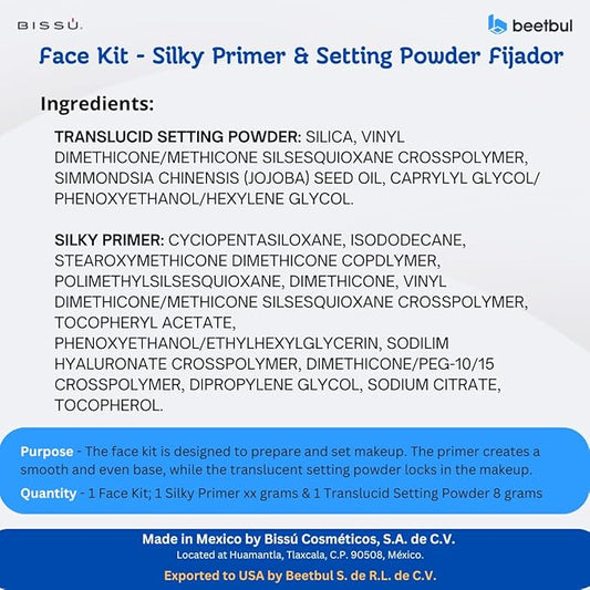 Bissú Face Kit: Silky Primer (27.5 ml) & Setting Powder (8g) - Oil-Free, Fragrance-Free, with Hyaluronic Acid & Jojoba Oil for a Matte Finish