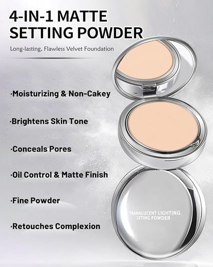 Pressed Mineral Powder Foundation,4-in-1 Matte Setting Powder with Concealer&Finishing Powder Makeup Color Correcting Medium to Full Flawless Coverage Foundation, Waterproof Long Lasting,Ivory