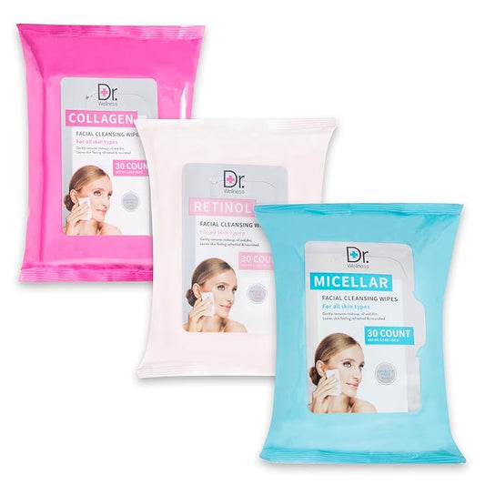 Face Wipes Variety Pack | 90 Wipes in 3 Packs, Good for Makeup Removal and Gerneal Facial Cleansing, 30 Collagen, Retinol, & Micellar Wipes | Enchante