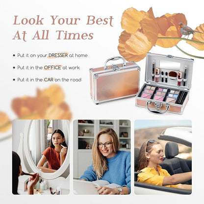 Color Nymph Beginner Makeup Kits For Teens With Train Case Included Full Makeup Kit Eyeshadow Palette Blushes Bronzer Highlighter Lipstick Brushes Mirror（Gold）