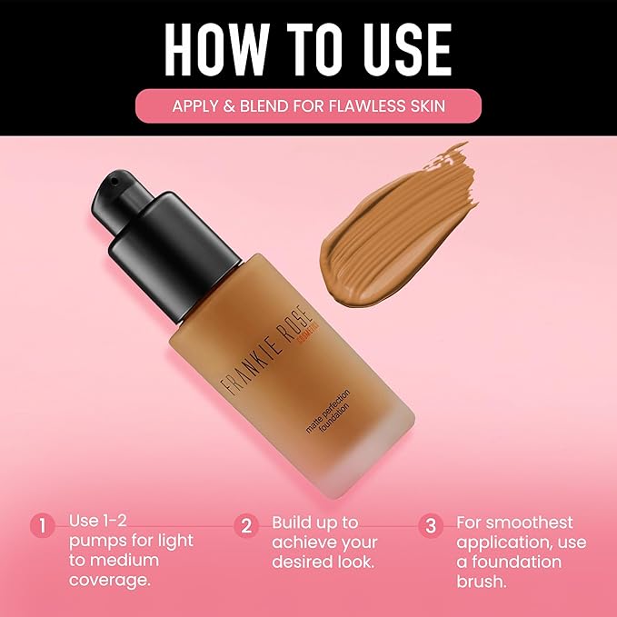 Frankie Rose Cosmetics Matte Perfection Foundation Makeup – Long-Lasting, Hydrating Foundation for Semi-Matte Finish - Foundation Full Coverage for All Skin Types - (Latte) 1.0 US fl oz / 30 ml