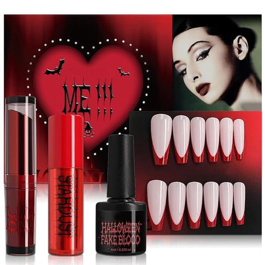 Halloween Fake Blood Makeup Kit Black Eyeshadow Grey Blue Lipstick Red French Press On Nails Realistic Vampire Blood for Eyes Mouth Nose Face Teeth Body Zombie SFX Cosplay Dress Up Accessories