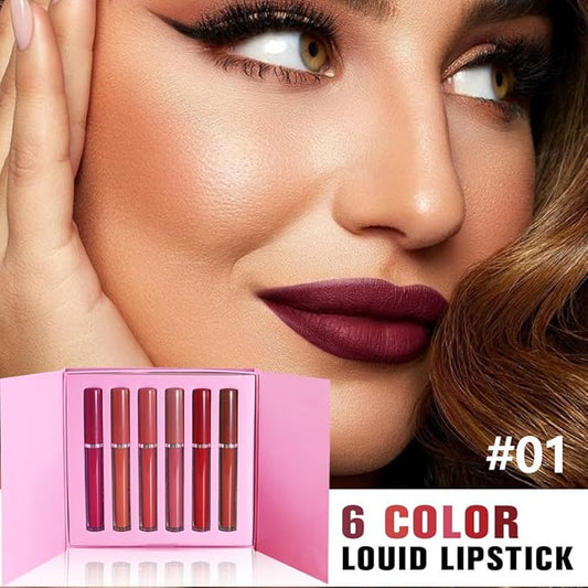 6Pcs Matte Velvet Liquid Lipstick Set, Non Stick Cup Wine Orange Red Mauve Ruby Dark Red Colored Lipstick Lip Stick Gloss Set High-pigmented Long Lasting Waterproof Lip Makeup Stain (Set A)