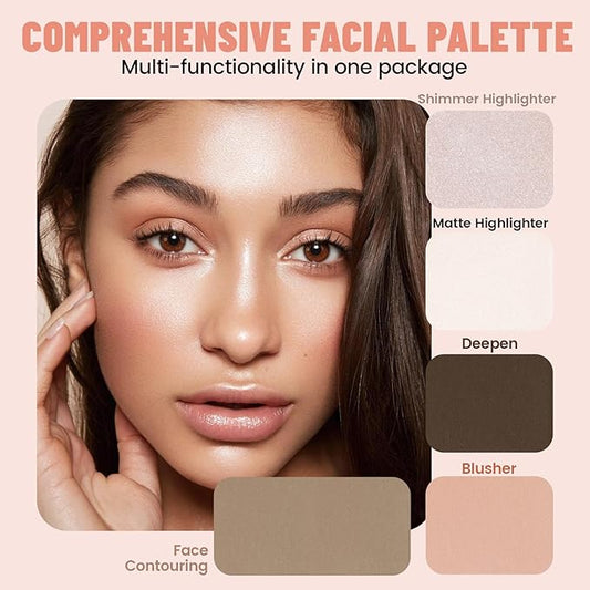 Cool Toned Contour Palette Makeup, All in 1 Highlighter Blush Bronzer Palette for Women, Smooth Long Wear Buildable Nude Primer Powder Three-Dimensional Natural Contouring Face Cosmetic Gift