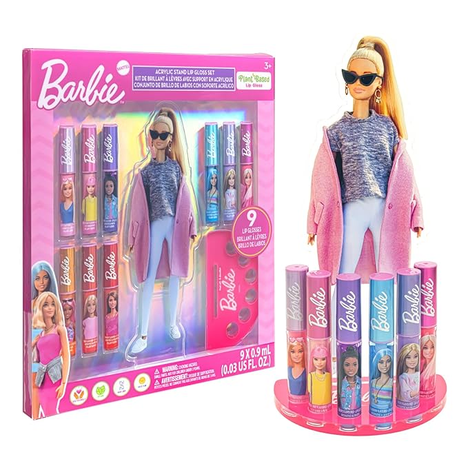 Townley Girl Barbie Lip Gloss with Acrylic Stand for Storage and Display, Plant Based Lip Gloss, Perfect for Parties, Sleepovers, Makeovers, Birthday Gift for Girls, Age 3