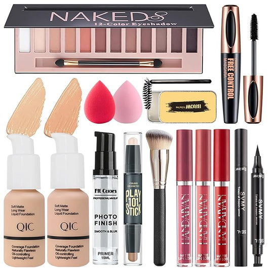 All in One Makeup Kit, Makeup Set Includes 12 Colors Eyeshadow, Foundation & Primer, Lipsticks, Eyeliner, Mascara, Contour Stick, Brow Soap, Makeup Brush & Sponges, Make Up Gift Kit for Women & Teens
