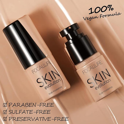 FOCALLURE 2 Pcs Liquid Foundation, Skin Evolution Foundation + Concealer, Full Coverage Foundation Makeup, Durable, Waterproof, Oil-Control, Hides Wrinkles & Lines, Natural Tan