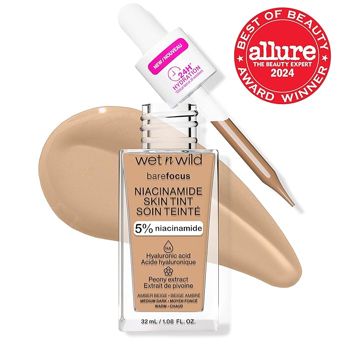 wet n wild Bare Focus Skin Tint, 5% Niacinamide Enriched, Buildable Sheer Lightweight Coverage, Natural Radiant Finish, Hyaluronic & Vitamin Hydration Boost, Cruelty-Free & Vegan - Amber Beige
