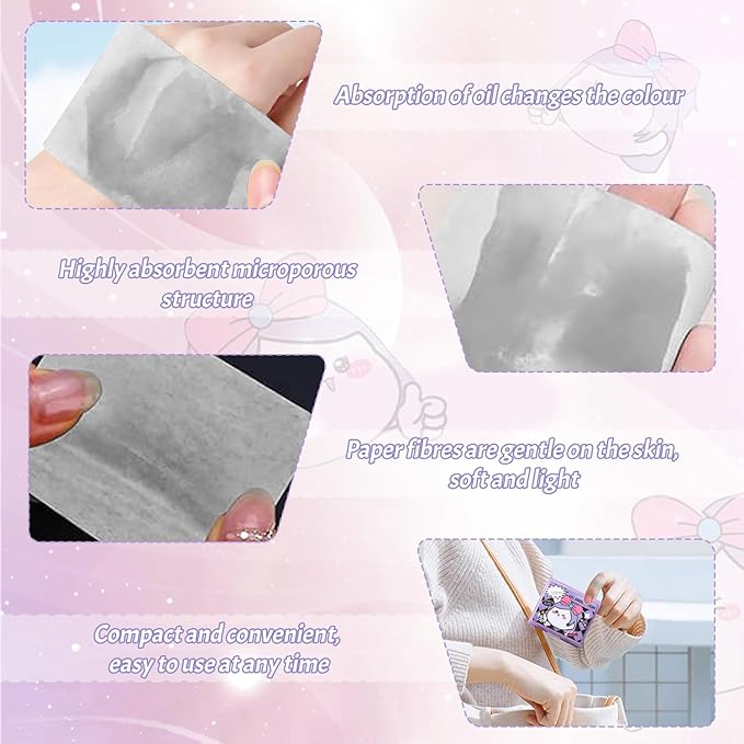 BOROLA 3-in-1 Cute Girl Bamboo Charcoal Oil Blotting Paper Set for Face 100 Sheets Oil Absorbing Sheet with Portable Mirror & Adhesive Makeup Puff, Blotting Paper for Oily Skin, Design for Men & Women