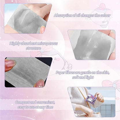 BOROLA 3-in-1 Cute Girl Bamboo Charcoal Oil Blotting Paper Set for Face 100 Sheets Oil Absorbing Sheet with Portable Mirror & Adhesive Makeup Puff, Blotting Paper for Oily Skin, Design for Men & Women