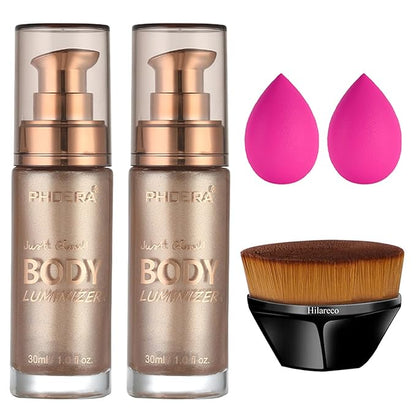 PHOERA Body Shimmer Oil,Waterproof Long Lasting Moisturizing Body Luminizer Glow, Illuminator Highlighter for Face with Makup Bursh, 1oz/Jars(2PCS 101 Rose Gold)