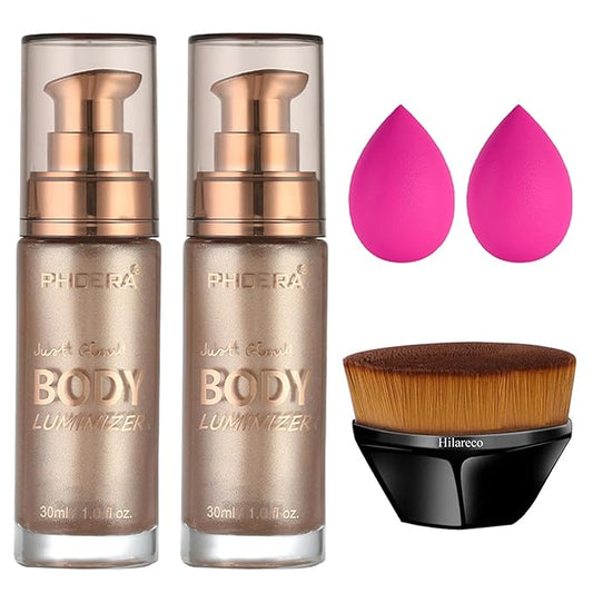 PHOERA Body Shimmer Oil,Waterproof Long Lasting Moisturizing Body Luminizer Glow, Illuminator Highlighter for Face with Makup Bursh, 1oz/Jars(2PCS 101 Rose Gold)
