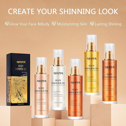 Body Shimmer Oil, Golden Brown Body Luminizer Face Brighten Highlighter Liquid Illuminator with Makeup Brush, Long Lasting Moisturizing Body Glitter Oil for Makeup (3.38 Fl Oz/#04)