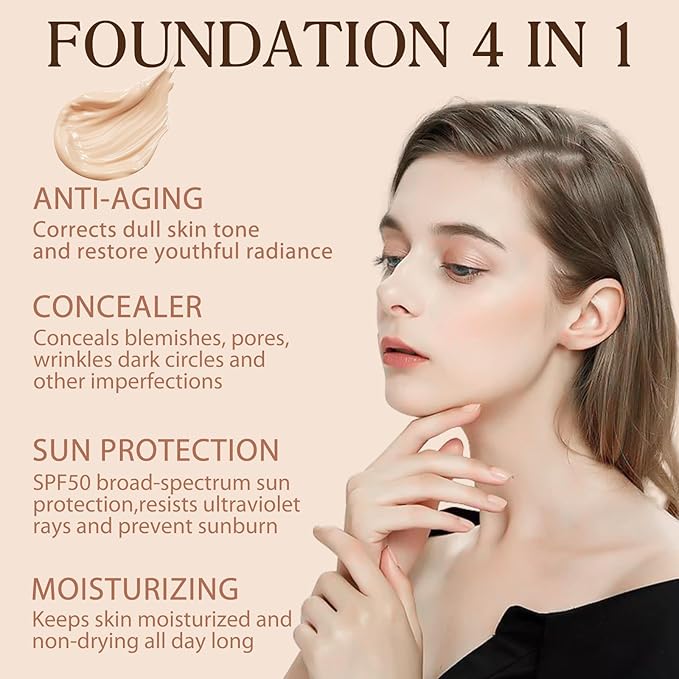 Foundation 4 in 1 - SPF 50 Sunscreen Serum Medium Coverage Concealers Waterproof & Longwearing Deep Hydration Color Changing Foundation Liquid Makeup Base Concealer for All Skin