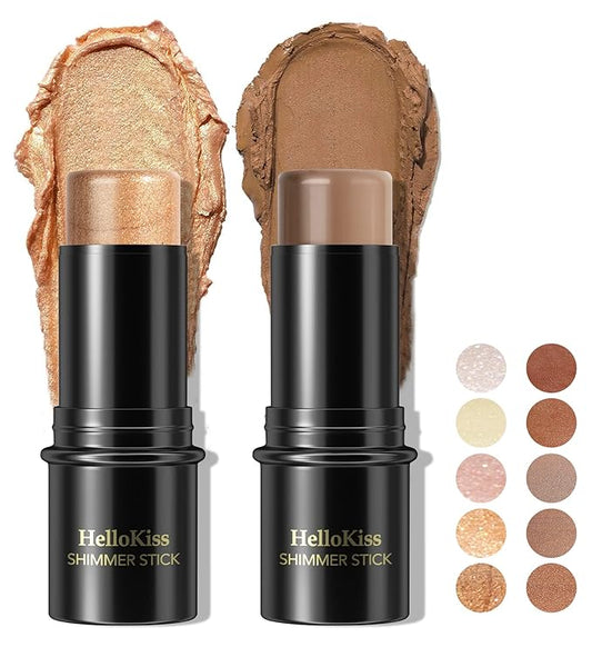 POPMISOLER 2pcs Makeup Highlighter & Cream Contour Stick, Natural Face Bronzer & Cool Toned Contour Kit for Beginners, Waterproof Shimmer Highlight Stick