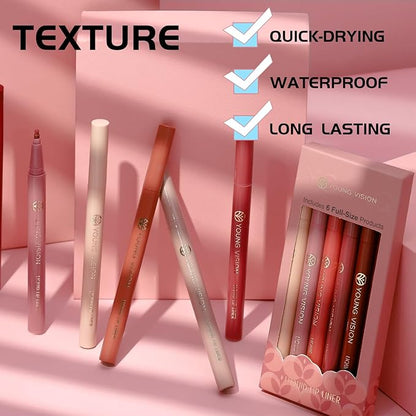 YOUNG VISION 6-Pc Lip Liner Set, Gourd-Shaped Precision Tip, Long-Lasting, Smudge-Proof, Easy Glide Nude Matte Lip Contour for Women, Perfect for Precise Lip Definition, Gift Set