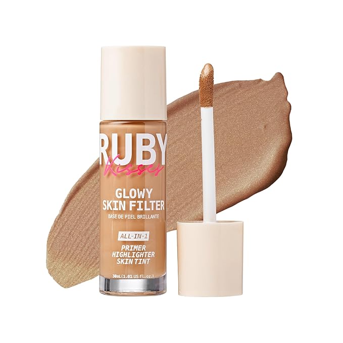Ruby Kisses Glowy Skin Filter Foundation - All-in-1 Primer, Skin Tint & Highlighter, Hydrating Light Coverage with Squalane, Natural Dewy Finish, Luminous & Radiant Glow (Tan)