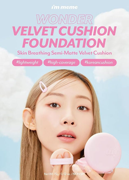 I'M MEME Korean Foundation - Wonder Velvet Cushion 02 Beige | Semi-Matte, Lightweight, High Coverage, Skin Moisturizing, Anti-darkening, Light makeup, Translucent Compact