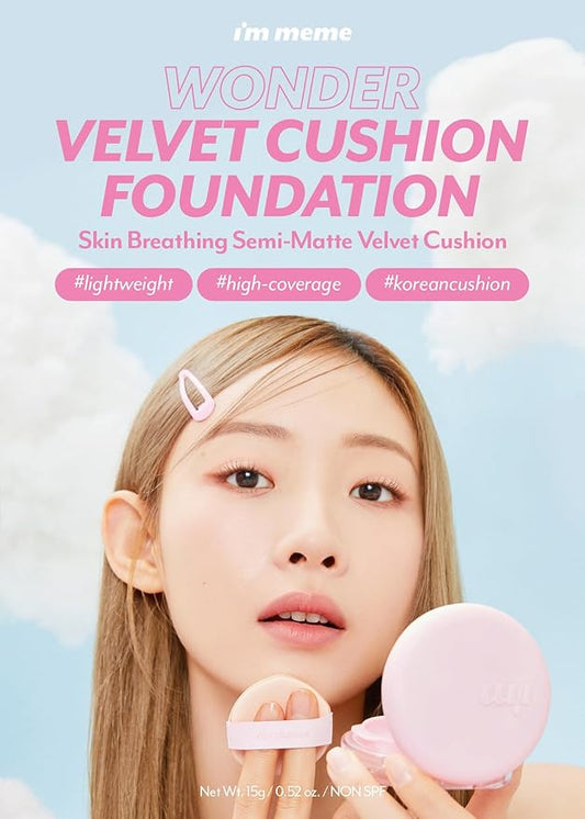 I'M MEME Korean Foundation - Wonder Velvet Cushion 02 Beige | Semi-Matte, Lightweight, High Coverage, Skin Moisturizing, Anti-darkening, Light makeup, Translucent Compact