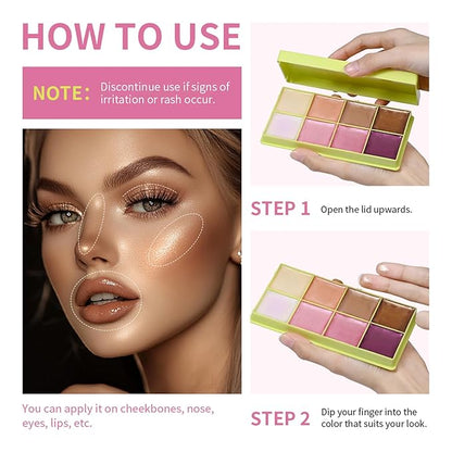 8 Colors Multi-use Cream Contour Highlighter Palette Makeup,Concealer Palette for Cheek Eye Nose Face Body,Cheek Lip Tint,Lightweight Soft Buildable Blendable Natural Look