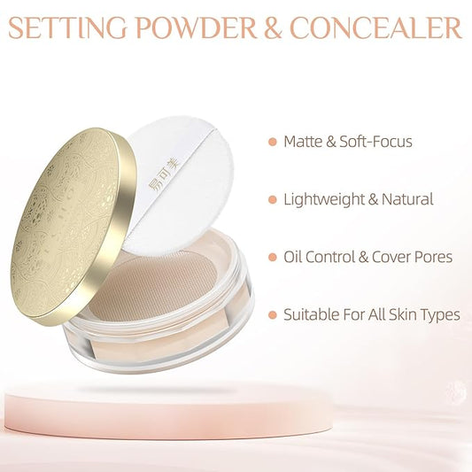 Setting Powder Makeup Finishing Powder Oil-Control Loose Face Powder Long Lasting Lightweight Breathable,Smooths Minimizes Pores Fine Lines Soft-Focus Matte Natural Finish Light