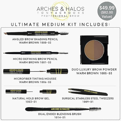 Arches & Halos - Ultimate Brow Hero Kit - Eyebrow Styling Makeup Kit, Pencil, Gel, Shading, Powder, Mousse, Natural and Bold Precise Brow Shaper - Hypoallergenic, Vegan - 7 Pc Kit, Medium