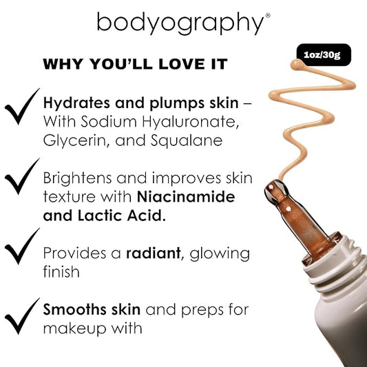Bodyography Radiant Glow Primer + Niacinamide | Hydrating Makeup Primer with Light-Reflecting Pearls & Hyaluronic Acid | Silicone-Free Face Primer for a Long-Lasting Base