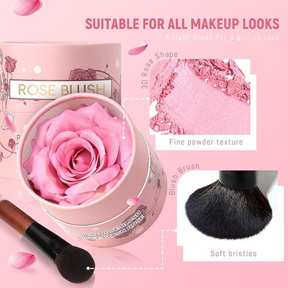 3D Rose Petal Blush for Cheeks, Soft Pink Cream to Powder Flower Blush Makeup Gift for Women, Natural Nude Dewy Finish Shimmer Buildable Face Rouge Rubor Highlighter Contour Makeup-Soft Pink