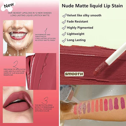 4 Colors Matte Lip Stain Liquid Lipstick For Women Teens Makeup Set Long Lasting Waterproof lip liner stain Fade Resistant Highly Pigmented Lightweight Portable Vegan Lip Stick matte Set C