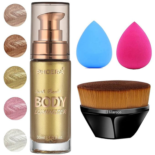 PHOERA Body Shimmer Oil,Bronzer Body Glow Oil Shimmer Highlighter Luminizer with Makup Bursh,Self Tanning Lotion,1oz/Jars (102 Metallic Gold)
