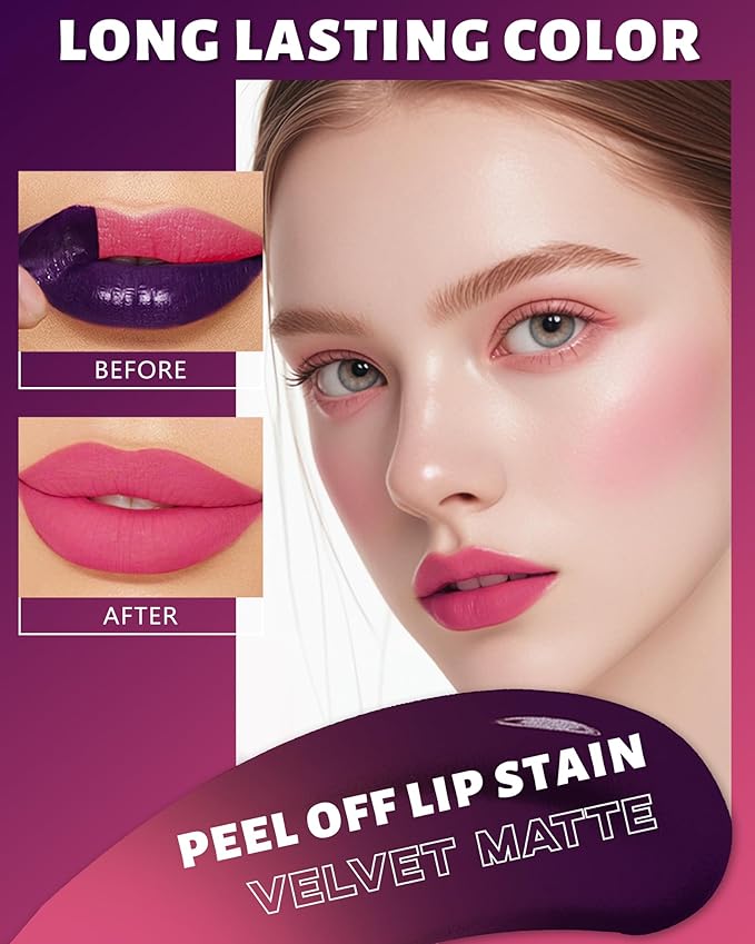 Peel Off Lip Stain Tattoo, Long Lasting Lip Liner Stain Peel Off Matte Nude Lipgloss Hot Pink Lipstick, Waterproof Smudge Proof High Pigmented Color Peel Off Lipstain Tint Women Lip Makeup Gift-03