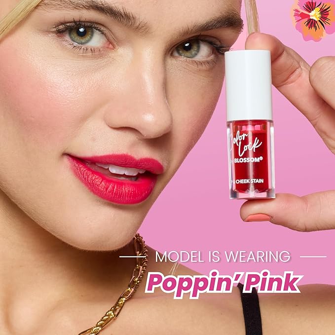 Blossom Lip Gloss Color Lock Lip Stain & Tint, Hydrating, Longlasting, Buildable, Non Drying, Smudgeproof + Transfer Proof, Made in USA with Doe Foot Applicator, 0.14oz, Poppin' Pink