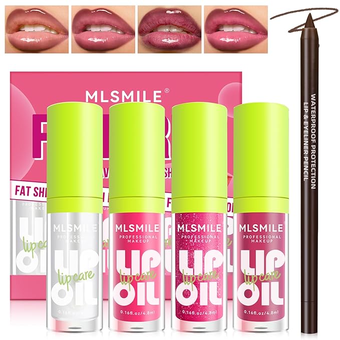 4 Colors Hydrating Lip Oil Plumping + Lip Liner Set, Shiny Glow Reviver Lip Care Oil, Moisturizing Big Brush Head Clear Pink Glitter Transparent Lip Gloss Combo Makeup Present for Women