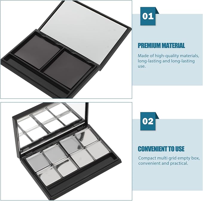 Beaupretty Metal Tray Empty Magnetic Eyeshadow, Matte Black Magnet Empty Box Compact Make Up Pallete with Mirror and 8Pcs Round Metal Pans Makeup Pallet