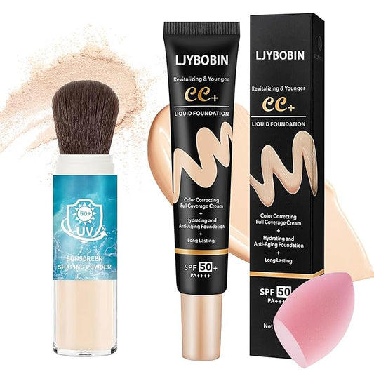 Hydrating CC Cream with Makeup Sponge,Waterproof Flawless Concealer Full Coverage BB Cream and Loose Setting Powder,Long Lasting Full Coverage Liquid Foundation for Men & Women（2 Pcs）