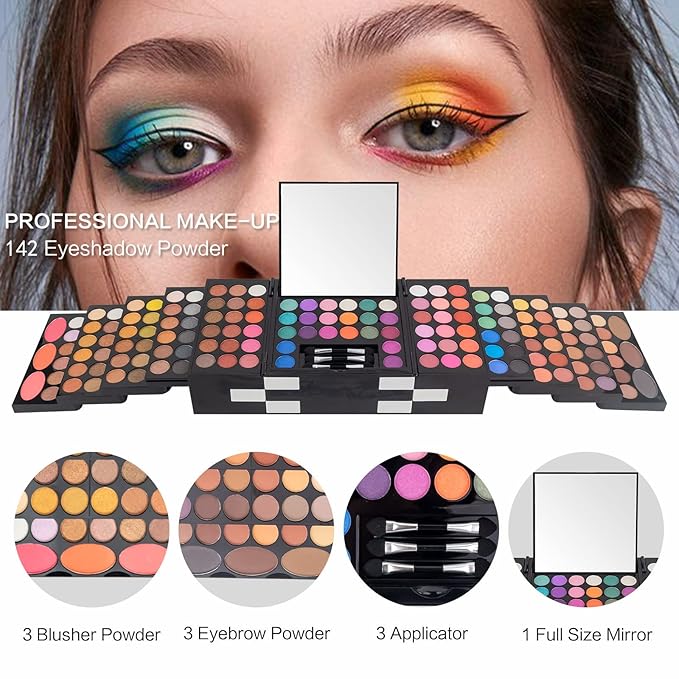 All In One Makeup Kit For Women Full Kit -142 Colors Shimmer Matte Eyeshadow Palette,3 Blusher,3 Eyebrow Powder,3 Applicators and Mirror Make Up Kit for Teens Women Gift Set (148 Makeup Kit)