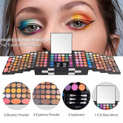 All In One Makeup Kit For Women Full Kit -142 Colors Shimmer Matte Eyeshadow Palette,3 Blusher,3 Eyebrow Powder,3 Applicators and Mirror Make Up Kit for Teens Women Gift Set (148 Makeup Kit)