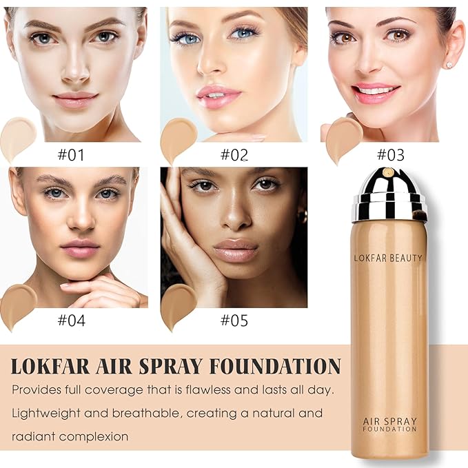 AirBrush Foundation Spray, Silky Mist Spray Makeup Kit with Brush, Full Coverage Foundation for Smooth Radiant Finish, Formula Breathable Lightweight Hydrating | #01 Porcelain