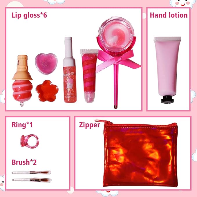 M&U MAKE YOU UP Lip Gloss Set for Girls, 11Pcs Lip Care Set with Ice Cream and Lollipop Shaped Lip Glosses