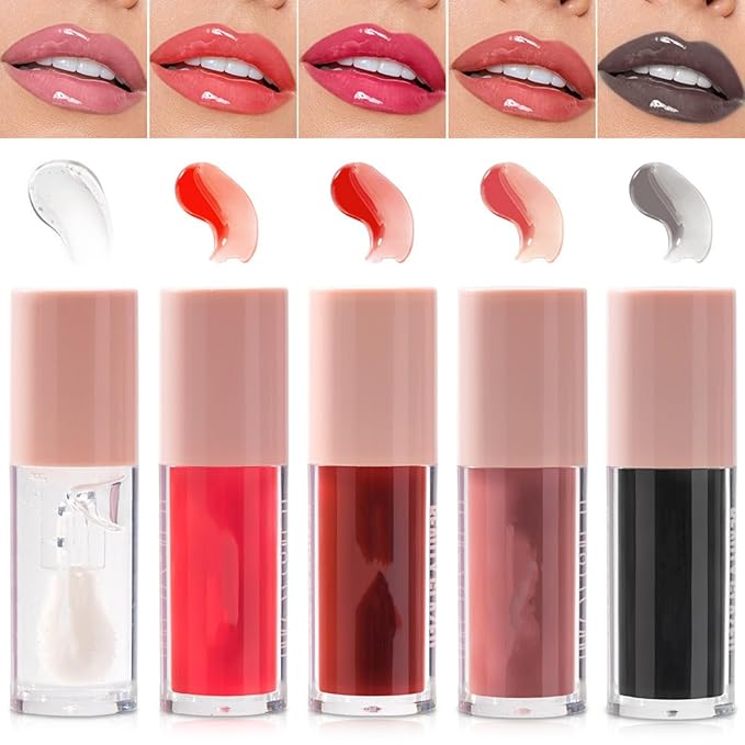 MAEPEOR Clear Glossy Lipgloss 5 Colors Nourishing High-shine Glossy Lipgloss Luscious-colors Non-Sticky Shine Glossy (Clear)