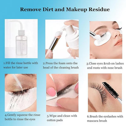 Eyelash Cleanser for Extensions, Lash Shampoo Kit with Lash Fan, 30ml Lash Shampoo,Eyelash Extension Brush and Wash Bottle for Lash Bath (Blue)