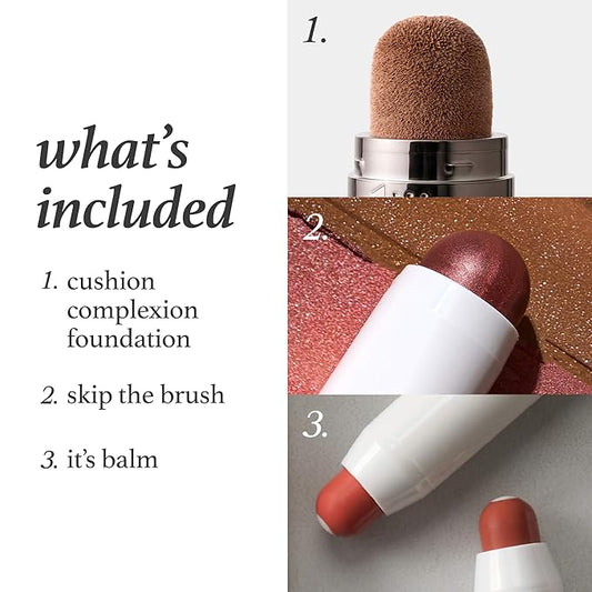 Julep All-in-One Beauty Trio: Cushion Complexion Foundation Shell, Skip the Brush Blush Stick Muted Mauve, and It’s Balm Tinted Lip Balm Vintage Mauve
